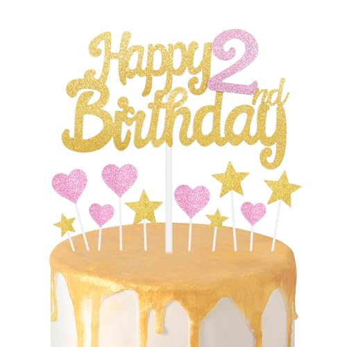 Tortenaufsatz zum 2. Geburtstag, Dekoration für Mädchen zum 2. Geburtstag, glitzernde Herz-Sterne, Kuchenaufsätze, personalisierbar, Happy Birthday-Kuchen-Cupcake-Topper für Frauen, Mädchen, von mciskin