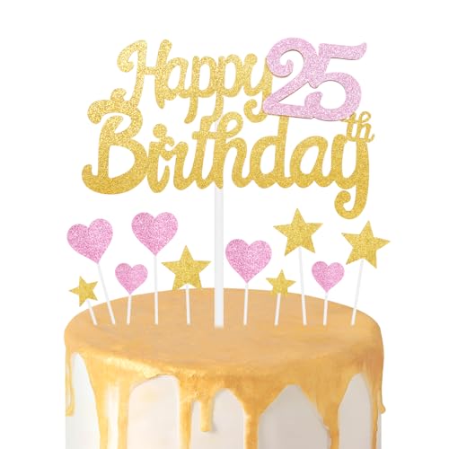 Tortenaufsatz zum 25. Geburtstag, goldene rosa Kuchendekoration, glitzernde Herz-Sterne, Kuchenaufsätze, personalisierbar, Happy Birthday-Kuchen-Cupcake-Topper für Frauen, Mädchen, von mciskin