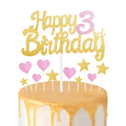 Tortenaufsatz zum 3. Geburtstag, Dekoration für Mädchen zum 3. Geburtstag, glitzernde Herz-Sterne, Kuchenaufsätze, personalisierbar, Happy Birthday-Kuchen-Cupcake-Topper für Frauen, Mädchen, von mciskin