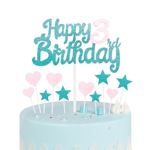 Tortenaufsatz zum 3. Geburtstag, Dekoration für Mädchen zum 3. Geburtstag, glitzernde Herz-Sterne, Kuchenaufsätze, personalisierbar, Happy Birthday-Kuchen-Cupcake-Topper für Frauen, Mädchen, von mciskin