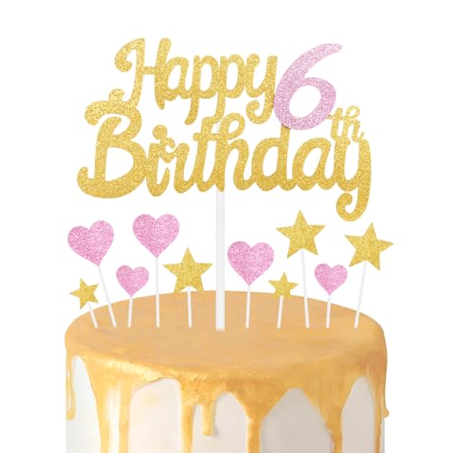 Tortenaufsatz zum 6. Geburtstag, goldene rosa Kuchendekoration für Mädchen zum 6. Geburtstag, glitzernde Herz-Stern-Kuchenaufsätze, personalisierbar, Happy Birthday-Kuchen-Cupcake-Topper für Frauen, von mciskin