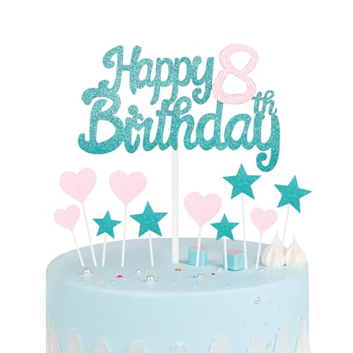 Tortenaufsatz zum 8. Geburtstag, für Mädchen, 8. Geburtstag, glitzernde Herz-Sterne, Kuchenaufsätze, personalisierbar, Happy Birthday-Kuchenaufsätze, Cupcake-Topper für Frauen, Mädchen, von mciskin