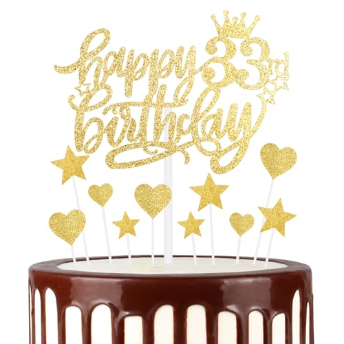 mciskin Gold Happy 33th Birthday Cake Toppers, Gold Cake Cupcake Toppers for Cake, Glitter Gold Heart Stars Cake Toppers, Birthday Gift, Gold Cake Toppers for Women Men 33th Birthday Cake Decorations von mciskin