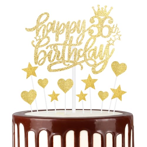 mciskin Gold Happy 36th Birthday Cake Toppers, Gold Cake Cupcake Toppers for Cake, Glitter Gold Heart Stars Cake Toppers, Birthday Gift, Gold Cake Toppers for Women Men 36th Birthday Cake Decorations von mciskin