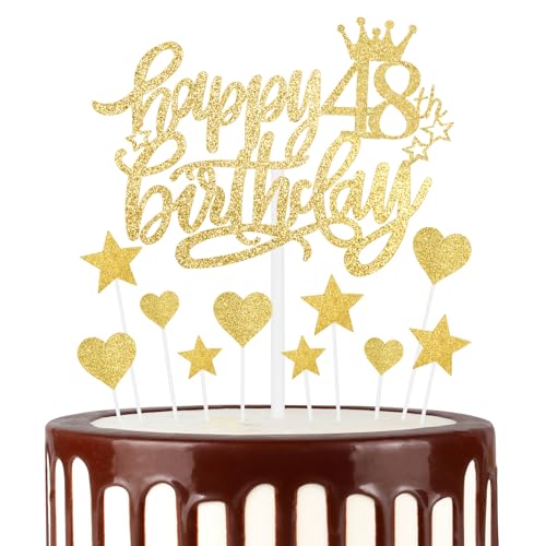 mciskin Gold Happy 48th Birthday Cake Toppers, Gold Cake Cupcake Toppers for Cake, Glitter Gold Heart Stars Cake Toppers, Birthday Gift, Gold Cake Toppers for Women Men 48th Birthday Cake Decorations von mciskin