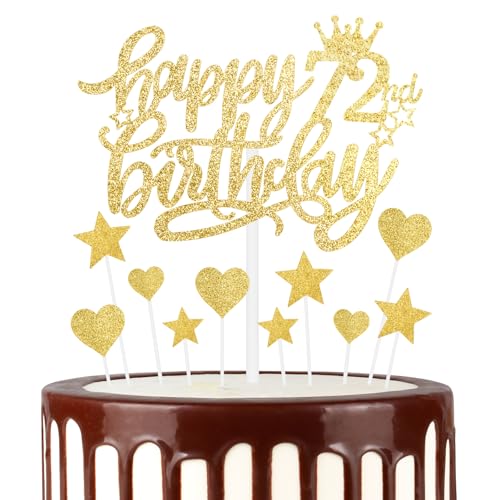 mciskin Gold Happy 72th Birthday Cake Toppers, Gold Cake Cupcake Toppers for Cake, Glitter Gold Heart Stars Cake Toppers, Birthday Gift, Gold Cake Toppers for Women Men 72th Birthday Cake Decorations von mciskin