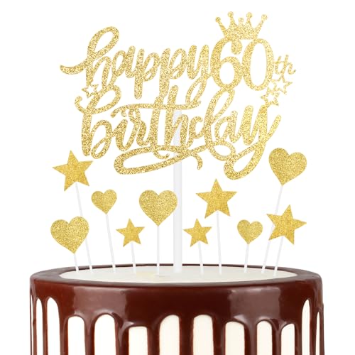 mciskin Happy 60th Birthday Cake Toppers, Gold Cake Cupcake Toppers for Cake, Glitter Heart Stars Cake Toppers, Birthday Gift, Personalised Cake Toppers for Women Girls 60th Birthday Cake Decorations von mciskin