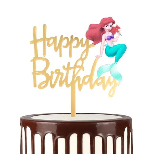 mciskin Meerjungfrau Happy Birthday Cake Topper, Gold Acryl Cupcake Topper für Geburtstagsfeier, Cartoon Kuchen Topper für Mädchen Jungen Babys Geburtstag Kuchen, Meerjungfrau Kuchen Tooper Dekoration von mciskin