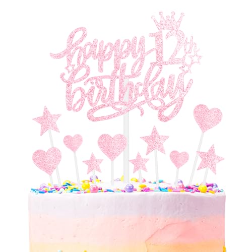 mciskin Tortenaufsätze "Happy 12th Birthday", rosa Kuchen-Cupcake-Topper für Kuchen, glitzerndes Herz, Sterne, Kuchenaufsätze, Geburtstagsgeschenk, personalisierte Kuchendekorationen für Frauen und von mciskin