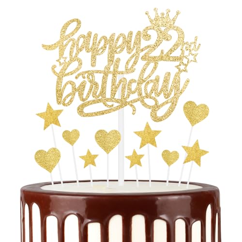 mciskin Tortenaufsätze "Happy 22th Birthday", goldene Kuchendekoration für Kuchen, glitzerndes Herz, Sterne, Kuchenaufsätze, Geburtstagsgeschenk, personalisierte Kuchendekorationen für Frauen und von mciskin