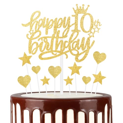 mciskin Tortenaufsätze zum 10. Geburtstag, goldene Kuchendekoration für Kuchen, glitzerndes Herz, Sterne, Kuchenaufsätze, Geburtstagsgeschenk, personalisierte Kuchendekorationen für Frauen und von mciskin