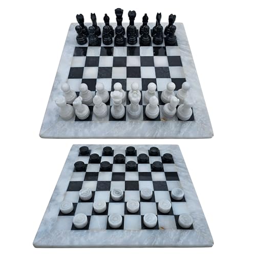 Combo Set Schachspiel Damespiel Brettspiel 12 Zoll/ 30 cm inkl. 32er Schachfiguren 24er Damesteine Farbe schwarz und weiß-grau aus Marmor von medina mood