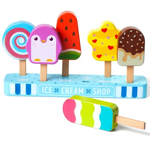 Holz-Eiscreme-Spielzeug für Kinder, Kleinkinder, Eis am Stiel, Pretend Play Food Toys Ice Cream Shop Spielset, Geschenke für Kinder im Alter von 3 4 5 6 Jahren von medoga