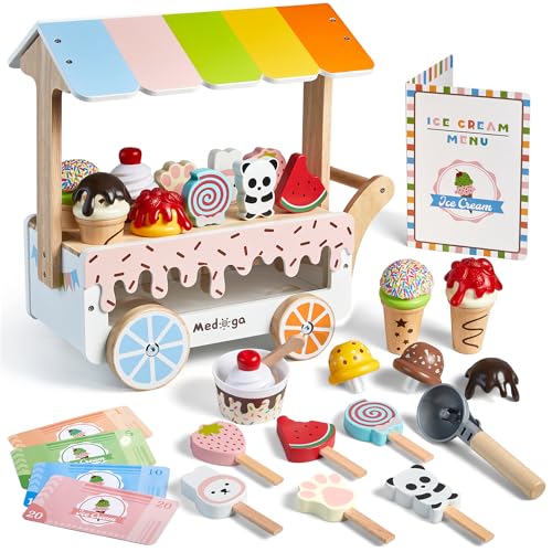 Holz Eiswagen Spielzeug Spielset mit Eiscreme Spielzeug Pretend Play Food Truck Play Küchenzubehör mit Eis am Stiel & Schaufel & Menü Holzspielzeug Geschenk für 3 4 5 6 7 8 Jahre alte Mädchen Jungen von medoga