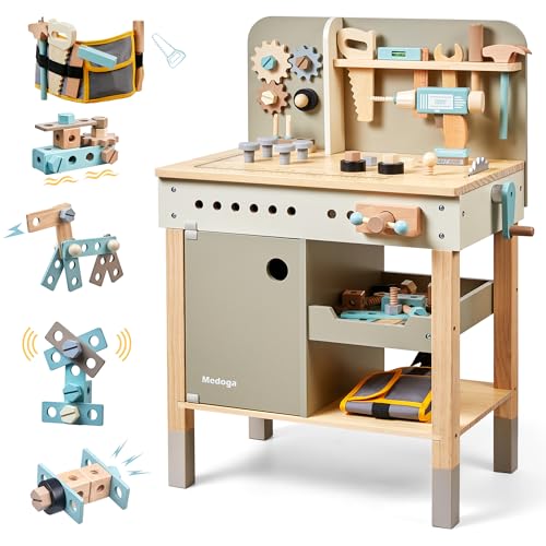 Kinder Werkzeug Bank, Holz Spiel Werkzeuge Set mit Kinder Werkzeug Gürtel Kleinkinder Werkbank Pretend BAU Werkzeuge Set Holz Spielzeug Bohrer Geschenk für Jungen, Mädchen Alter 3-9 von medoga