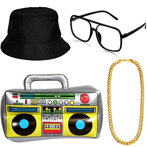 Hip Hop Kostüm Kit, Aufblasbare Boom Box Eimer Hut Sonnenbrille Gold Kette 80er/ 90er Rapper Zubehör (Schwarz) von meekoo