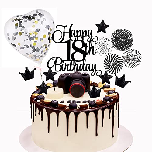 18 Kuchendeko Geburtstag, Happy Birthday Kuchendeko Schwarz, 18. Geburtstag Torten Deko, Schwarz Sterne Cake Topper, Glitter Geburtstagstorte Kuchen Topper Mit Paillettenballons von meetyours