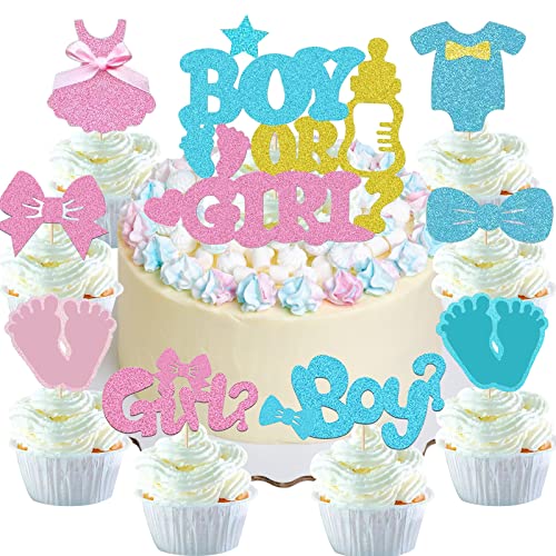 25 Stück Gender Reveal Cupcake Topper Glitzer Blau Und Rosa Boy or Girl Tortendeko Baby Shower Torte Deko Junge Oder Mädchen Kuchen Deko Mit 8 Stilen von meetyours