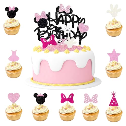 28 Stück Mouse Tortendeko Geburtstag Glitzernde Mouse Torten Deko Rosa Schleife Cake Topper Geeignet für Cupcake Kuchen Geburtstag Kuchen Deko Mädchen Kinder Cartoon Party Dekorationen von meetyours