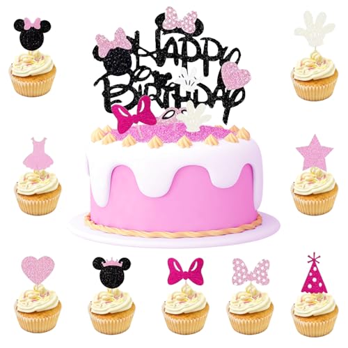 28 Stück Mouse Tortendeko Geburtstag Glitzernde Mouse Torten Deko Rosa Schleife Cake Topper Geeignet für Cupcake Kuchen Geburtstag Kuchen Deko Mädchen Kinder Cartoon Party Dekorationen von meetyours