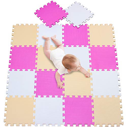 meiqicool Der Puzzlematte für Babys und Kinder 18 Schaumstoffplatten mit Tieren 1cm dickere, weichere Spielmatte Schadstofffrei, Formamid geprüft Weiß Pink Beige 010310 von meiqicool