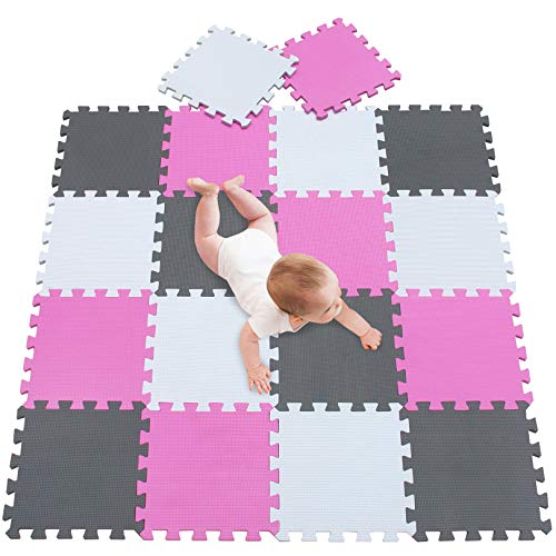 meiqicool Der Puzzlematte für Babys und Kinder 18 Schaumstoffplatten mit Tieren 1cm dickere, weichere Spielmatte Schadstofffrei, Formamid geprüft Weiß Pink Grau 010312 von meiqicool