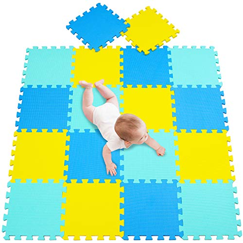 meiqicool Kinderteppich Spielmatte Lernteppich Puzzlematte 18 Stück.Schaumstoff puzzlematte,schaumstoffmatte Baby Gelb Blau Türkis 050708 von meiqicool