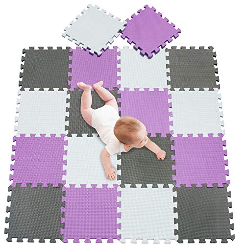 meiqicool Puzzlematte für Babys und Kinder | 18 Schaumstoffplatten | 1cm dickere,weichere Spielmatte | Schadstofffrei EN71 und Formamid geprüft Weiß Violett Grau 011112 von meiqicool