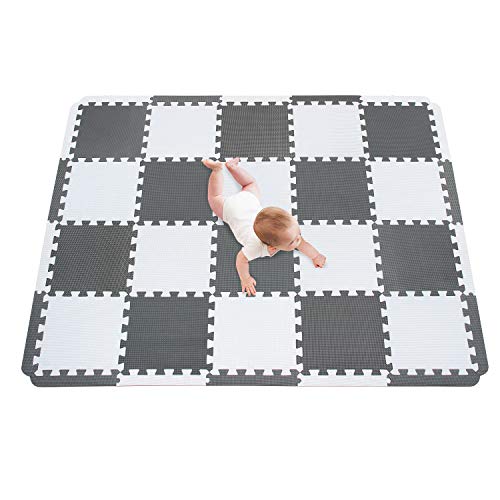 meiqicool Stylische Puzzlematte für Babys und Kinder | 1cm Dicker Spielmatte | Schadstofffrei, geruchlos, Formamid geprüft | 20-teilig und 18 gerade Kante, 1,50x1,22m Weiß Grau AL von meiqicool