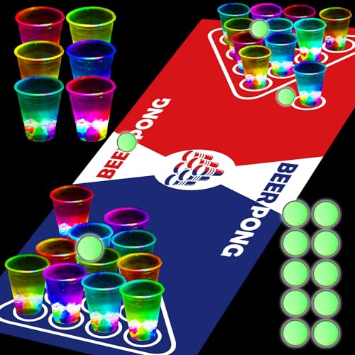 Glühende Pong Tischmatte Set Party Getränk Pong Spiel für Indoor Outdoor Party Event Spaß, Pack mit blinkenden Tassen Glow Pongs für Party Festivals Spaß Trinkspiele für Erwachsene, 71 * 23 Zoll von meishuneu