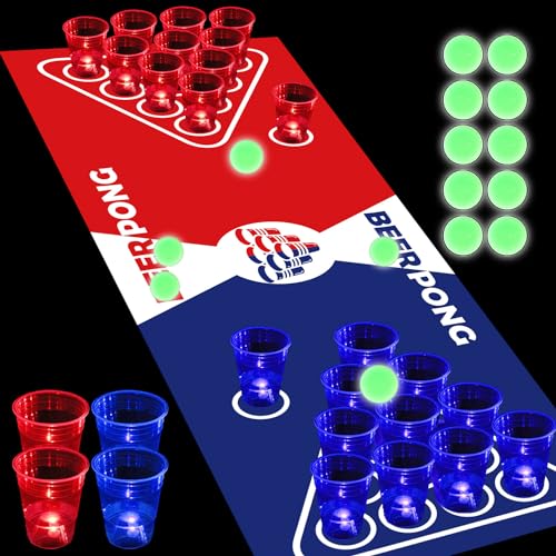 meishuneu 71 * 23 Zoll Glow Beer Pong Tischmatten-Set, leuchtendes tragbares Pong-Set für Partyspiele, 32 glühende Partytassen (rot und blau), 12 leuchtende Pongs leuchten im Dunkeln Party von meishuneu