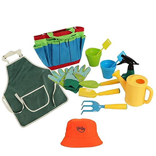 melairo 11 StüCk Kinder Garten GeräTe Kit mit SchüRze, Hut, Einkaufen Tasche, Handschuhen, Rechen, Schaufel, Kelle, SprüHen Flasche, TöPfen und AnhäNger von melairo