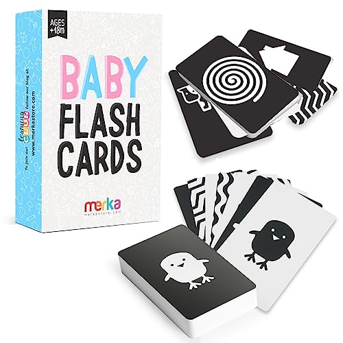 merka Kontrastreiche Baby-Karteikarten - Set mit 50 schwarz-weißen Karten zur visuellen Stimulation und Förderung der Gehirn- und Sinnesentwicklung - Lernhilfe für Säuglinge Kleinkinder ab 18 Monaten von merka