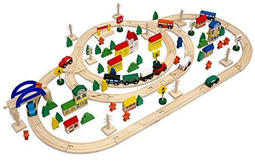 messefix 130 Teile Holzeisenbahn Set - 5m Holzschienen - Eisenbahn Starter Set Holzzug mit Schienen - Holz Eisenbahn Kinder Holzspielzeug Zug Kinderspielzeug Holzeisenbahn Zubehör von messefix