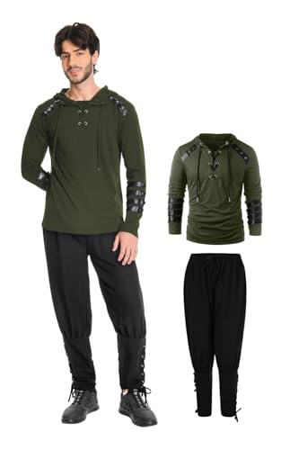 mewjoy 2PS Mittelalterliches Steampunk-Hoodie-Hose-Set für Herren, Kordelzug, Schnürpullover, Tops, Wikinger-Piraten-Hose, Outfit-Set, Erwachsene, Größe L von mewjoy