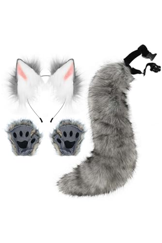 mewjoy 4 Stück Fuchs Kostüm Set Mädchen Frauen Tier Fuchs Cosplay Zubehör Ohren Stirnband Schwanz Pfote Handschuhe Set für Halloween Party Grau von mewjoy