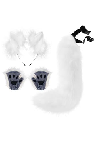 mewjoy 4 Stück Fuchs Kostüm Set Mädchen Frauen Tier Fuchs Cosplay Zubehör Ohren Stirnband Schwanz Pfote Handschuhe Set für Halloween Party Weiß von mewjoy