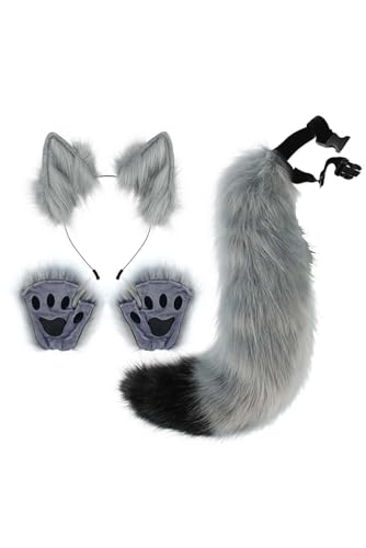 mewjoy 4-teiliges Fuchskostüm-Set für Mädchen und Damen, Tierfuchs-Cosplay-Zubehör, Ohren, Stirnband, Schwanz, Pfoten-Handschuhe, Set für Halloween-Party, Dunkelgrau von mewjoy