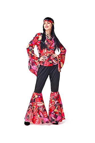 mewjoy 70er Jahre Hippie Kostüm Vintage Outfit Disco Schlaghose Tops Stirnband Zubehör Set für Halloween Karneval Party S von mewjoy