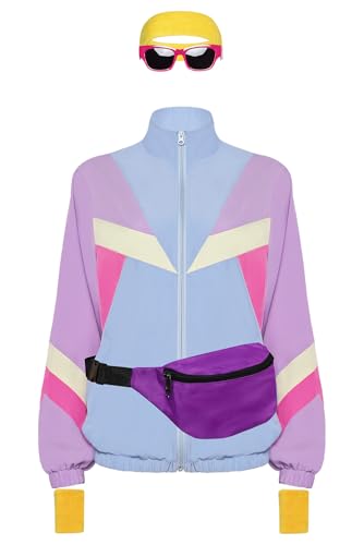 mewjoy Damen-Jacke im 80er-Jahre-Stil, Hip-Hop, langärmelig, Windbreaker, Retro, Farbblock, Trainingsanzug, Halloween, Party, Disco-Kostüm für Erwachsene, Größe L von mewjoy