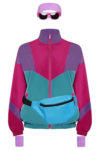 mewjoy Damen-Jacke im 80er-Jahre-Stil, Hip-Hop, langärmelig, Windbreaker, Retro, Farbblock, Trainingsanzug, Halloween, Party, Disco-Kostüm für Erwachsene, Größe M von mewjoy