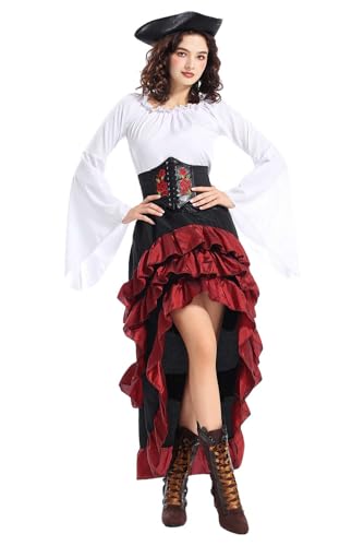 mewjoy Damen Mittelalter Piraten Rock Top Korsett Set Renaissance Viktorianisches Kostüm Halloween Karneval Outfits Set für Erwachsene M von mewjoy