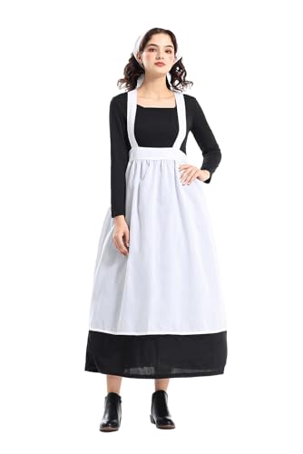 mewjoy Damen Pilgerkleid Erwachsene Viktorianisches Kostüm Kolonial Manor Maid Kleid mit Schürze Schal Set Halloween Outfits, S von mewjoy