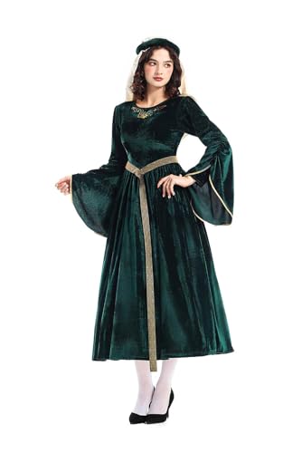 mewjoy Damen Vintage Hexe Langes Kleid Mittelalter Renaissance Kleid Kostüm Halloween Karneval Outfits Set für Erwachsene L von mewjoy