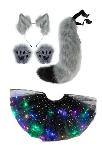 mewjoy Fox Cosplay-Kostüm-Set, künstliche Fuchsohren, Stirnband, Schwanz, Pfote, Handschuhe, Tutu, Rock, Zubehör für Halloween, Weihnachten, Party, dunkelgraues Set von mewjoy