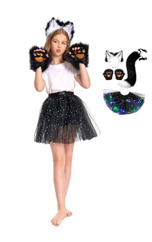 mewjoy Fox Cosplay Zubehör Set Halloween Karneval Kostüm Prop Fuchsohren Haarband Langer Schwanz Pfote Handschuhe Rock für Mädchen Damen Schwarz Set von mewjoy