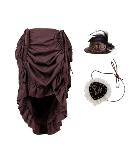 mewjoy Halloween Piraten Rock Set Damen Gothic Steampunk Rüschen Rock Feder Mini Hut Eine Augenmaske Outfits Set für Hochzeit Party Cosplay S von mewjoy