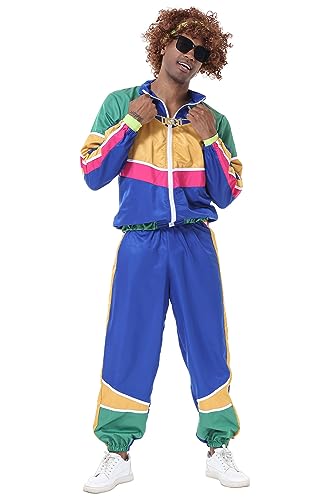 mewjoy Herren 80er Jahre Retro Trainingsanzug Hip Hop Colorblock Sportanzug Erwachsene Disco Langarm Jacke Hose Outfits Set für Halloween Karneval Party, blau, XXL von mewjoy