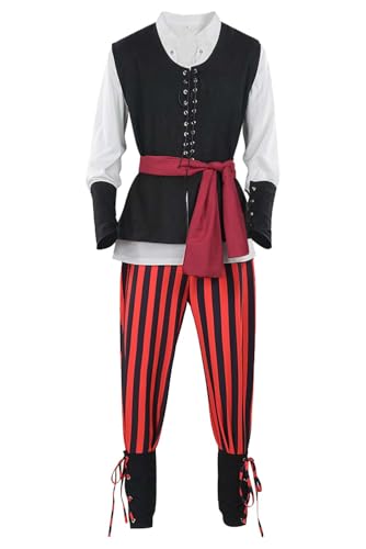 mewjoy Herren Piraten Cosplay Kostüm Erwachsene Mittelalter Steampunk Kapitän Piraten Outfit Set für Halloween Cosplay Party L von mewjoy