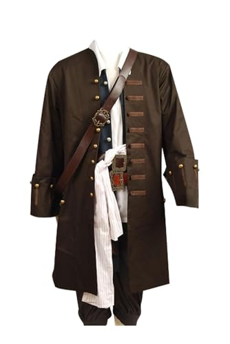 mewjoy Herren Piraten Kapitän Kostüm Halloween Karneval Party Cosplay Kostüm Dress Up Outfit Set Captain Buccaneer Jacke Weste Hosen Set, XXL von mewjoy